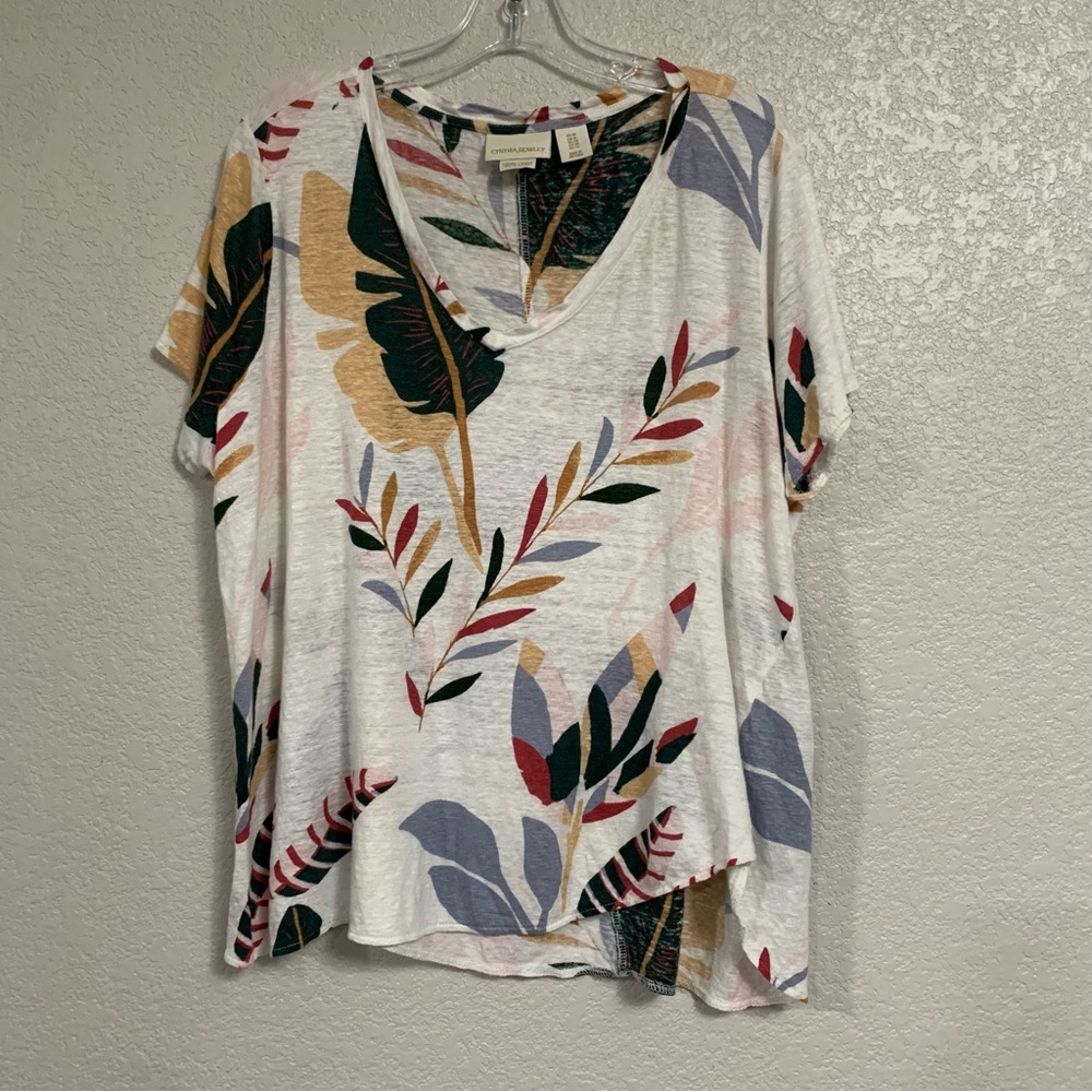 Cynthia Rowley Linen Tee Top Womens 1X Leaf Tropical Print Beach Colorful Boho